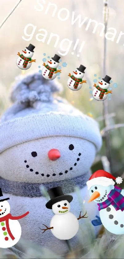 Cute gray snowman sitting in a frosty, grassy field with cartoon snowmen.