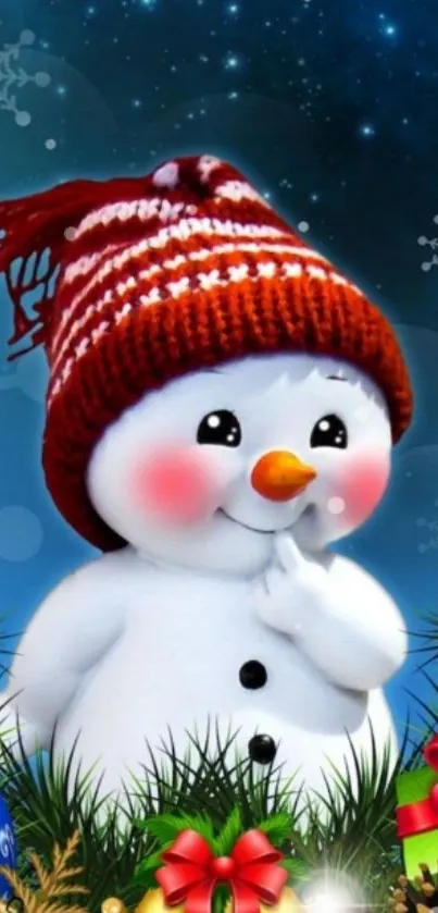 Adorable snowman with a red hat amidst holiday decor.