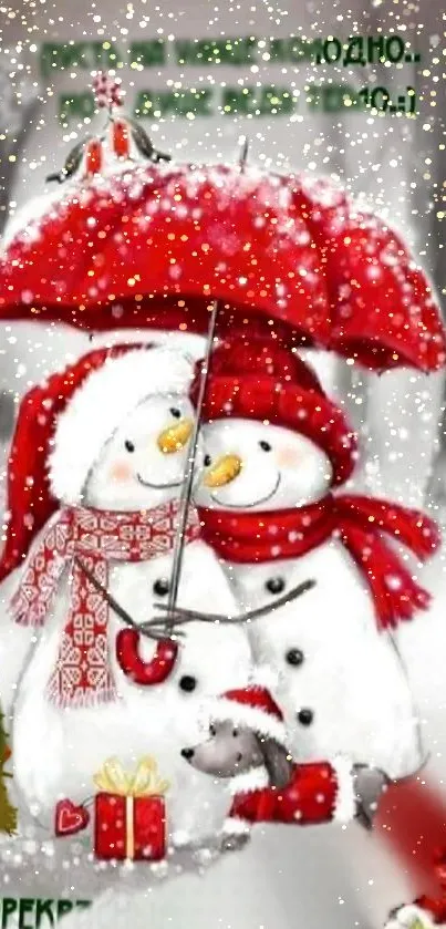 Adorable snowman and puppy under a red umbrella with Christmas theme.