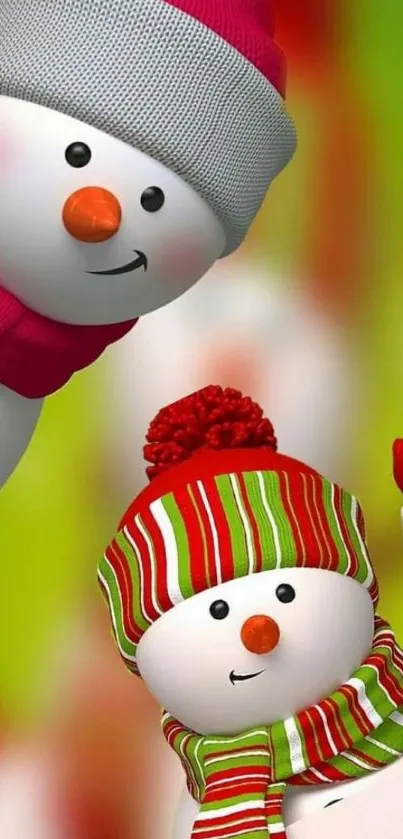 Cheerful snowmen with hats and scarves on a vibrant green background.