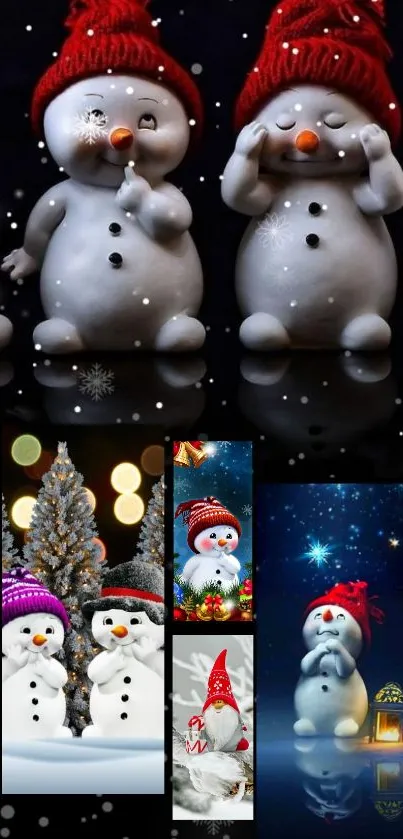 Charming snowmen with red hats in a festive winter setting for phone wallpaper.