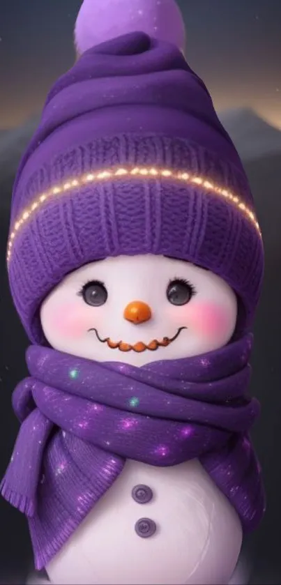 Cute snowman with purple hat and scarf on a winter mobile wallpaper.