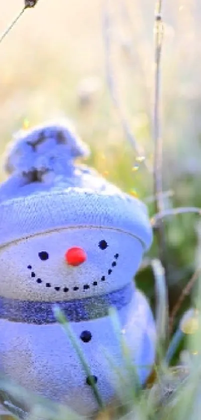 A cute snowman in a frosty winter field with grass.