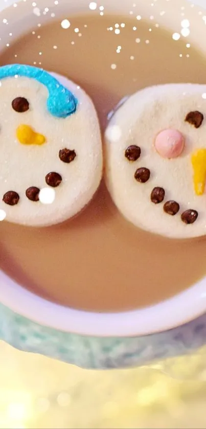 Snowman marshmallows in hot cocoa cup.