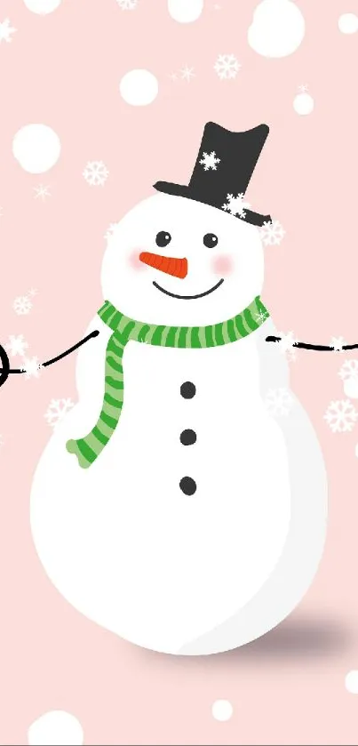 Cute snowman on pastel pink background with playful snowflakes.