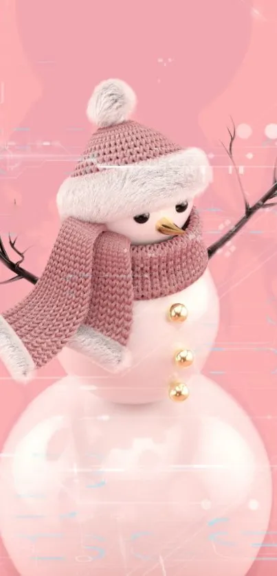 Cute snowman with pink hat and scarf on a pink background.