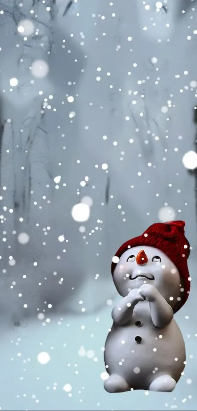 Cute snowman in a snowy forest with falling snowflakes, wearing a red hat.