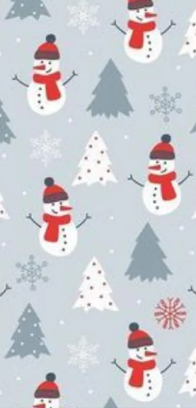 Charming snowman winter wallpaper with festive trees and snowflakes.