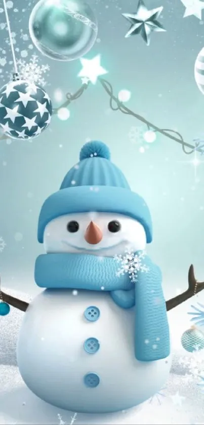 Cute snowman with blue hat and scarf in a winter wonderland.