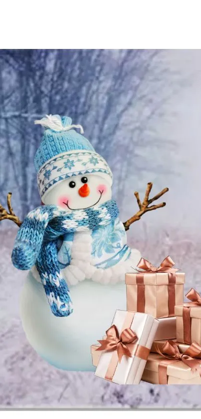 Snowman with gifts in winter background.