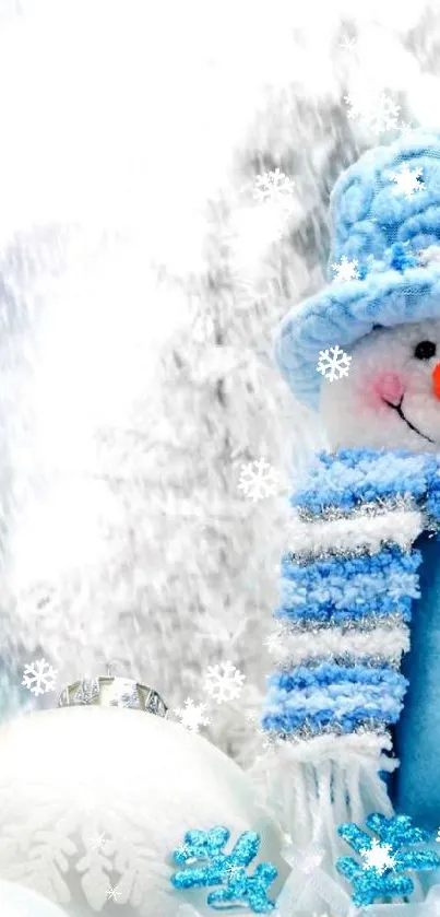 Cute snowman wearing blue hat and scarf with holiday ornaments.