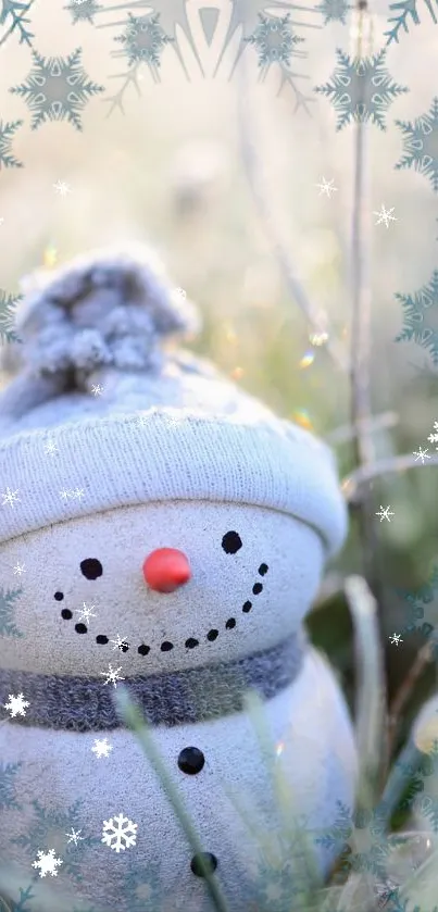 Cute snowman in a snowy scene with snowflake decorations.