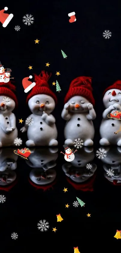 Festive snowman figures against a dark background, wearing red hats.