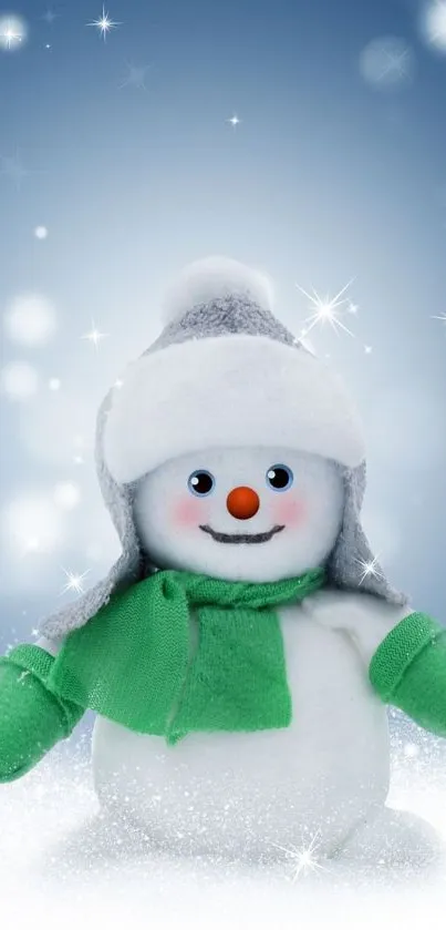 Cute snowman with green scarf on snowy background wallpaper.