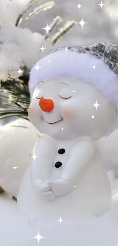Cute snowman in winter setting with sparkling touches.