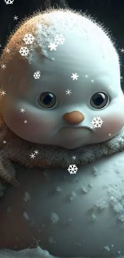 Adorable snowman with a scarf in a snowy scene for winter wallpaper.