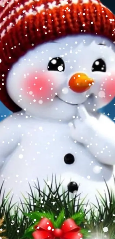 Cute snowman with festive backdrop and falling snowflakes.