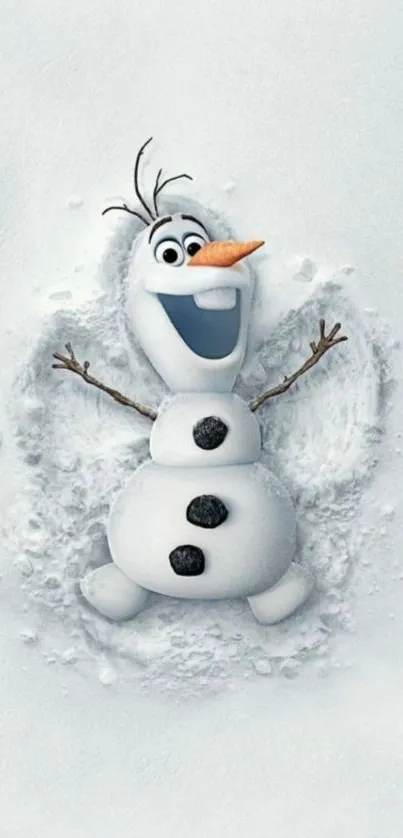 Playful snowman with snow angel background on mobile wallpaper.