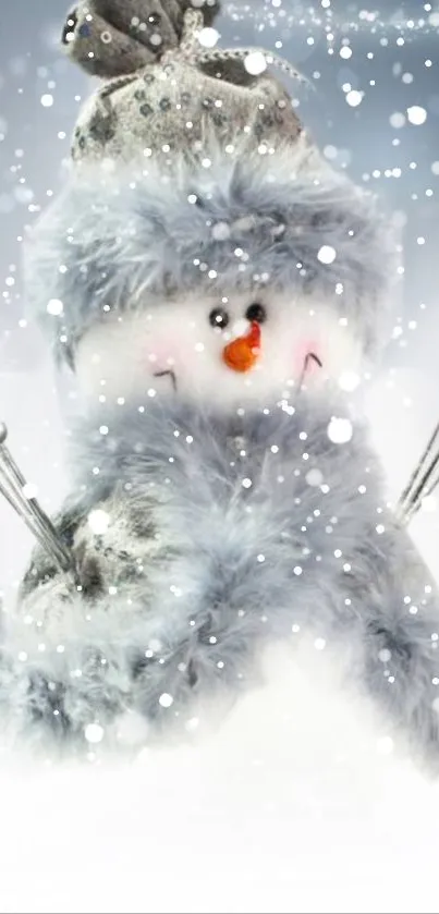 Adorable snowman in wintery setting with snowflakes.