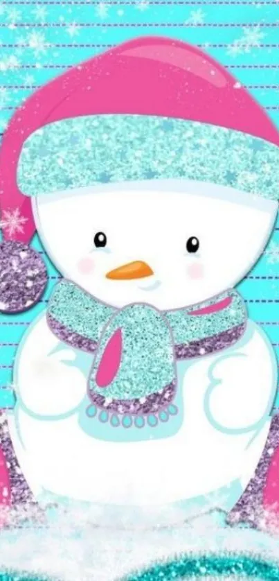 Cute snowman with pink hat and icy-blue background on phone wallpaper.