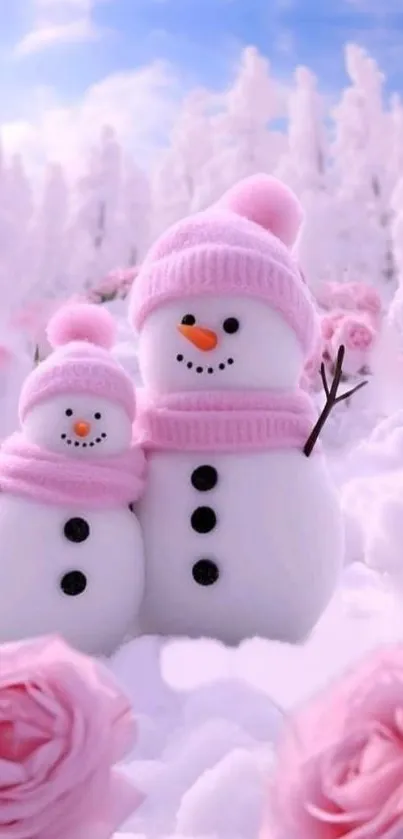 Snowmen with pink hats in a snowy, rose-filled winter wonderland.