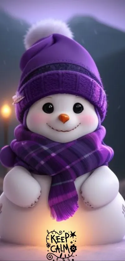 Cute snowman with purple hat and scarf.