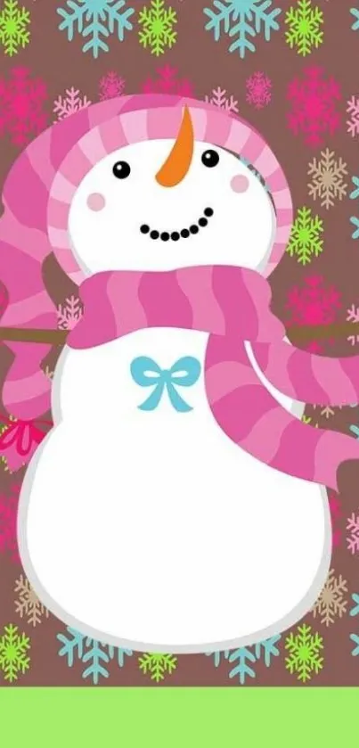 Cute snowman wallpaper with colorful snowflakes and green border.