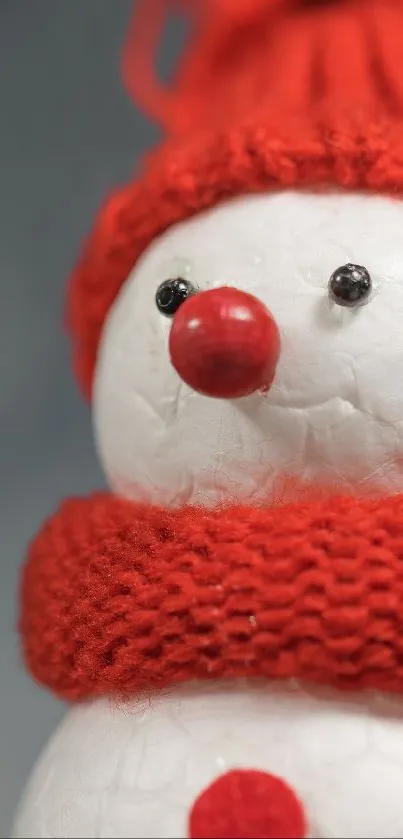 Snowman in red scarf and hat with soft focus winter theme.