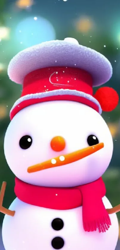 Cute snowman with red scarf and hat in a snowy winter scene.