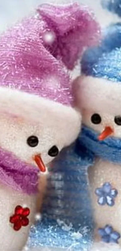 Cute snowmen with colorful winter hats and scarves.