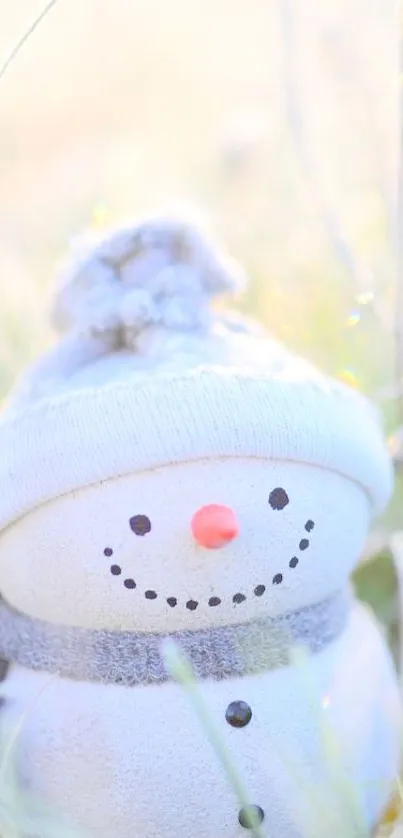 Adorable snowman in a winter field.