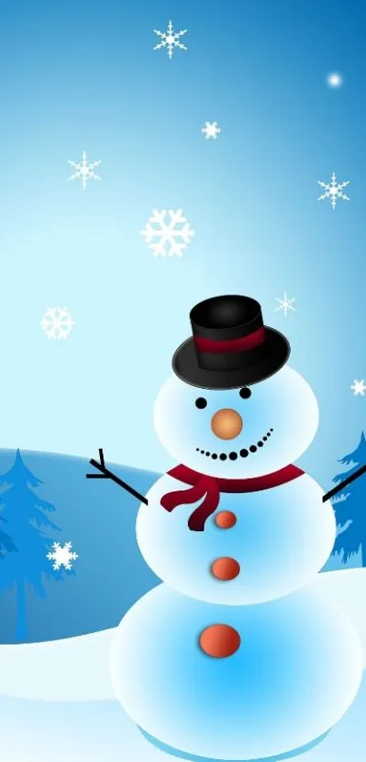 Cheerful snowman on a wintery blue background.