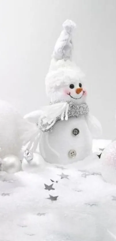 Cute snowman with winter decorations in white theme.