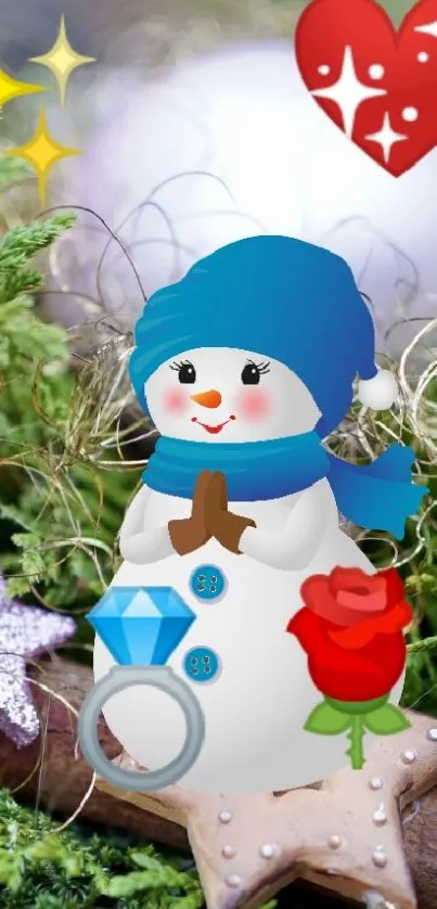 Cute snowman with blue hat and festive decorations, perfect for winter wallpaper.