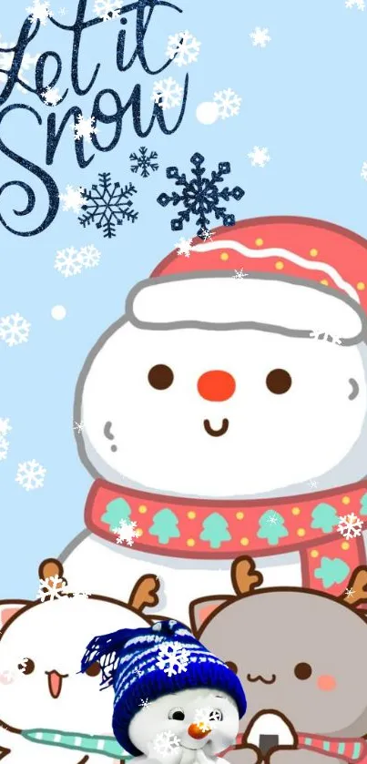 Cute snowman and friends with falling snowflakes on a winter-themed wallpaper.