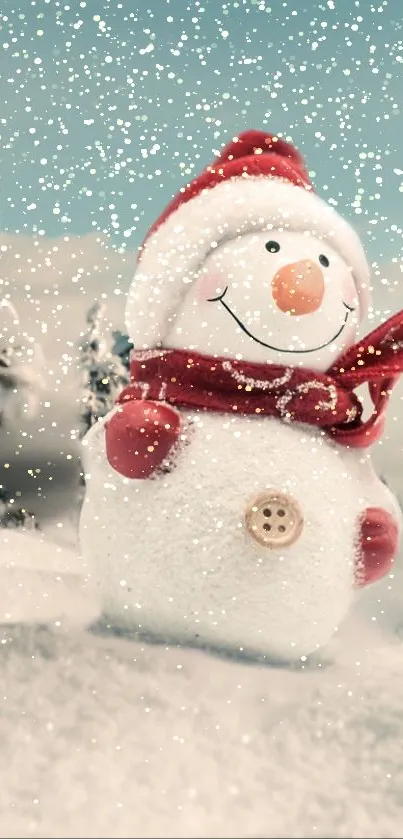 Cute snowman in a snowy scene with falling snowflakes.