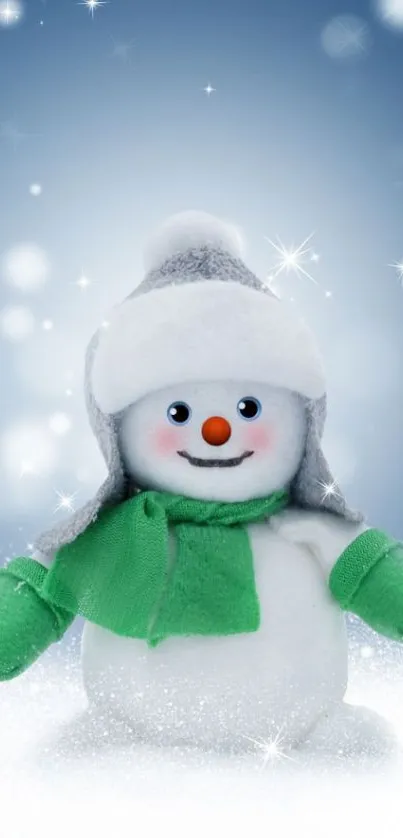 Cute snowman with green scarf on snowy winter background.