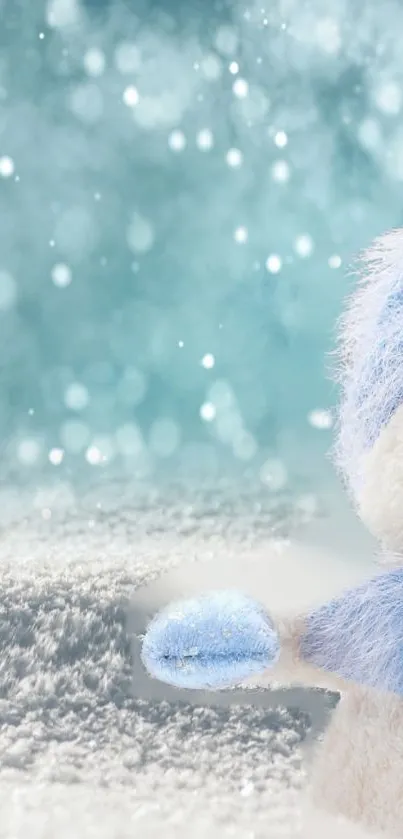 Adorable snowman with blue hat in winter wonderland snow scene.
