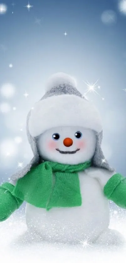 Cute snowman wearing green scarf on frosty blue background.