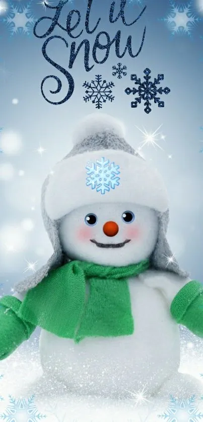 Cheerful snowman with 'Let it Snow' text in a snowy backdrop.