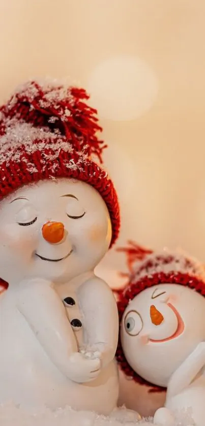 Adorable snowman figures with red hats and a snowy background.