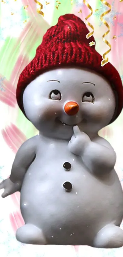 Cute snowman with red hat on festive winter mobile wallpaper.