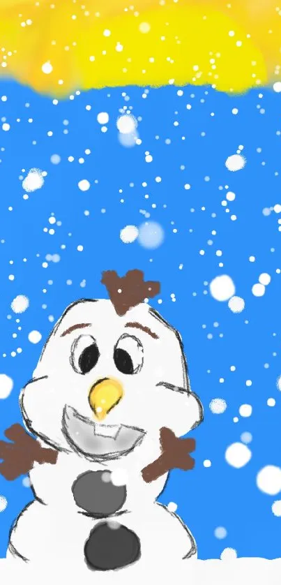 Cute cartoon snowman in a colorful winter setting.