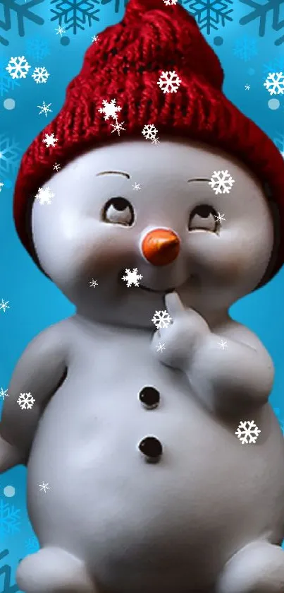 Snowman with red hat and snowflakes on a blue background.