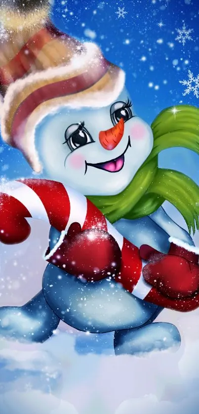 Cute snowman holding a candy cane with falling snowflakes.