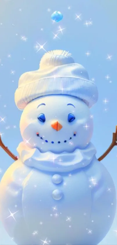 Adorable snowman with twinkling stars on a light blue background.