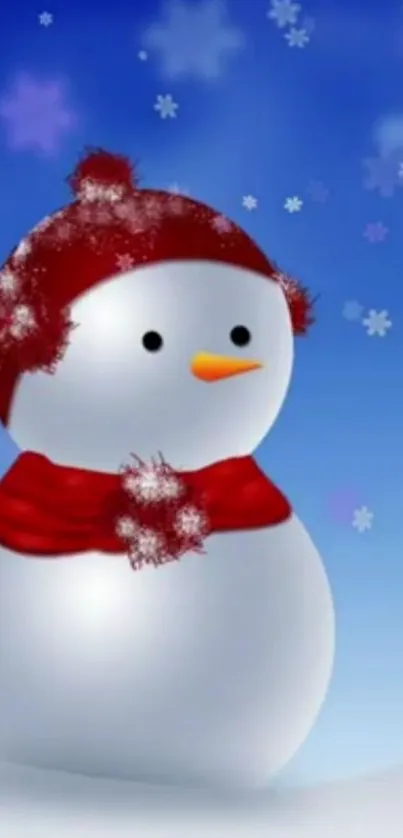 Snowman with red hat and scarf on blue background with snowflakes.