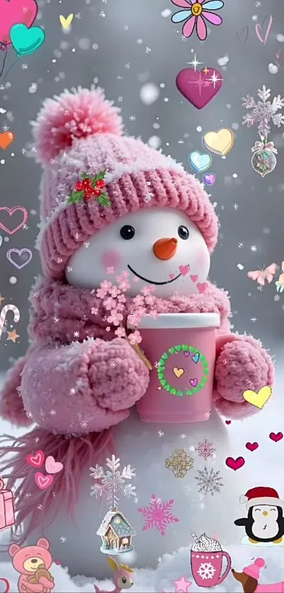 Cute snowman with pink hat and heart illustrations in winter setting.