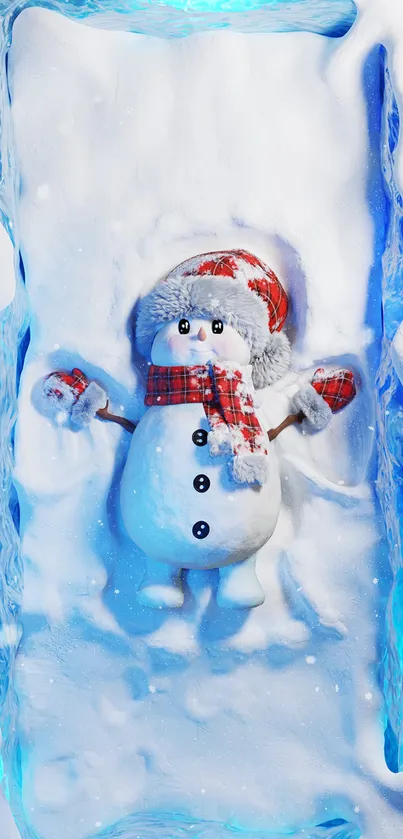 Cute snowman in snow with blue and white colors, festive for a winter scene.