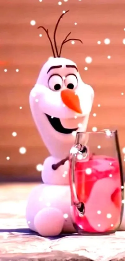 Cute snowman enjoying a pink drink on a light brown background with snowflakes.